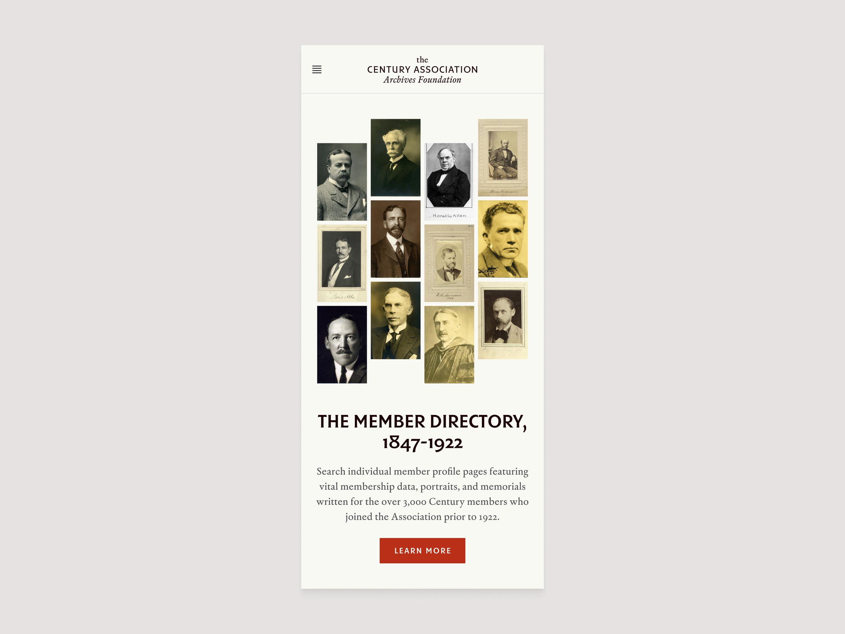 Screen recording of the Century Association Archives Foundation site on a phone over a light grey background, moving from the Member Directory to Robert Abbe’s biography, About the Century Club, Exhibitions & Publications, Show Your Support, Research Collections, Finding Aids, and Image Galleries