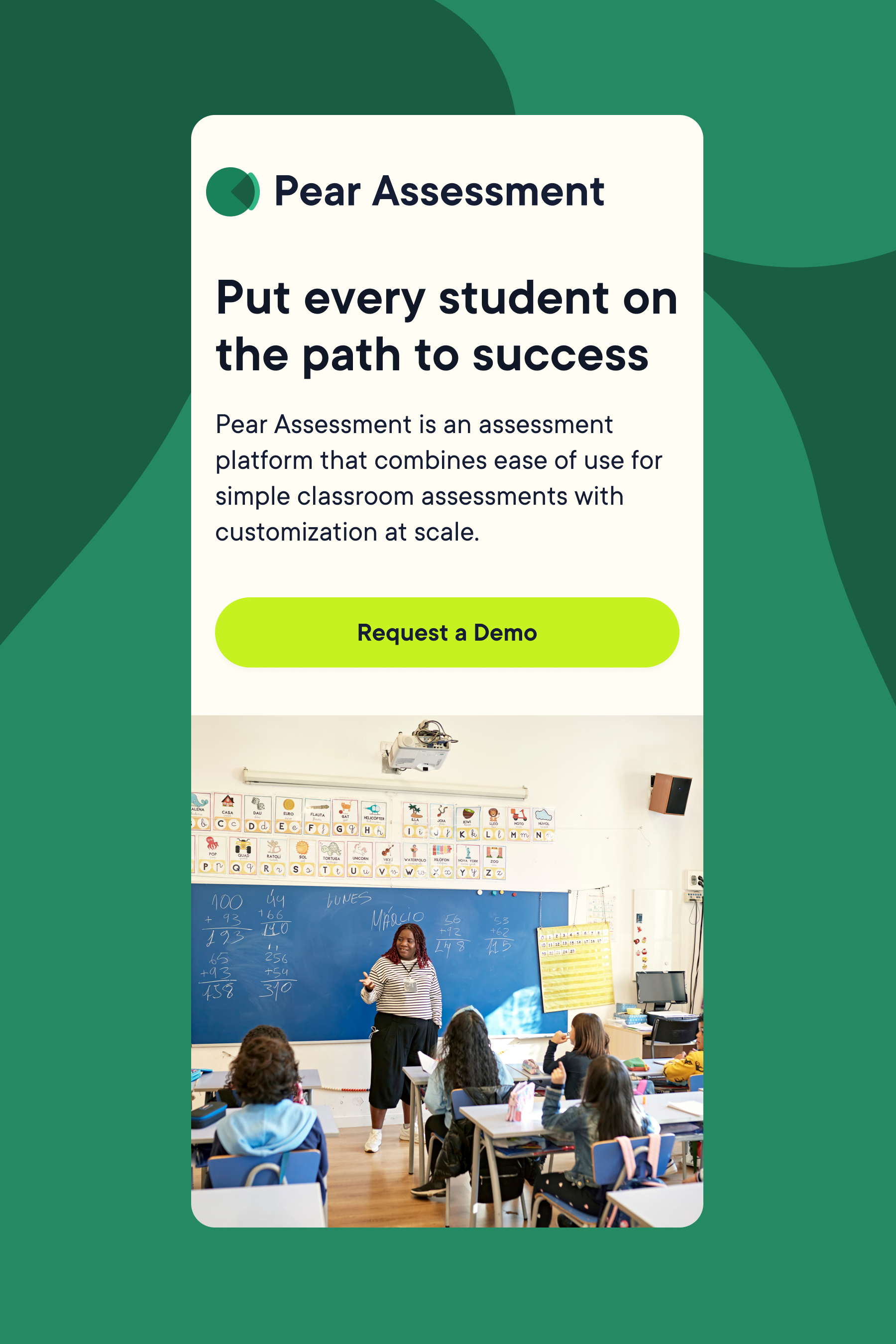 Pear Assessment product page in green: “Put every student on the path to success”