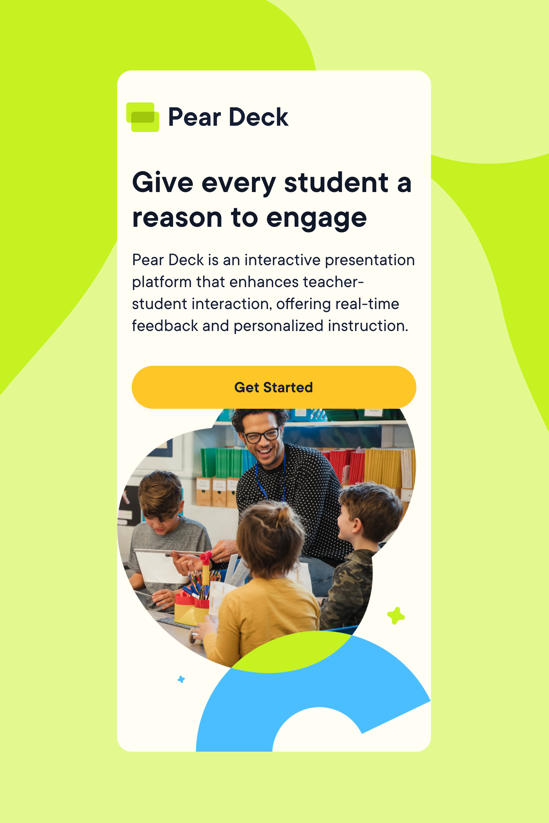Pear Deck product page in lime: “Give every student a reason to engage”