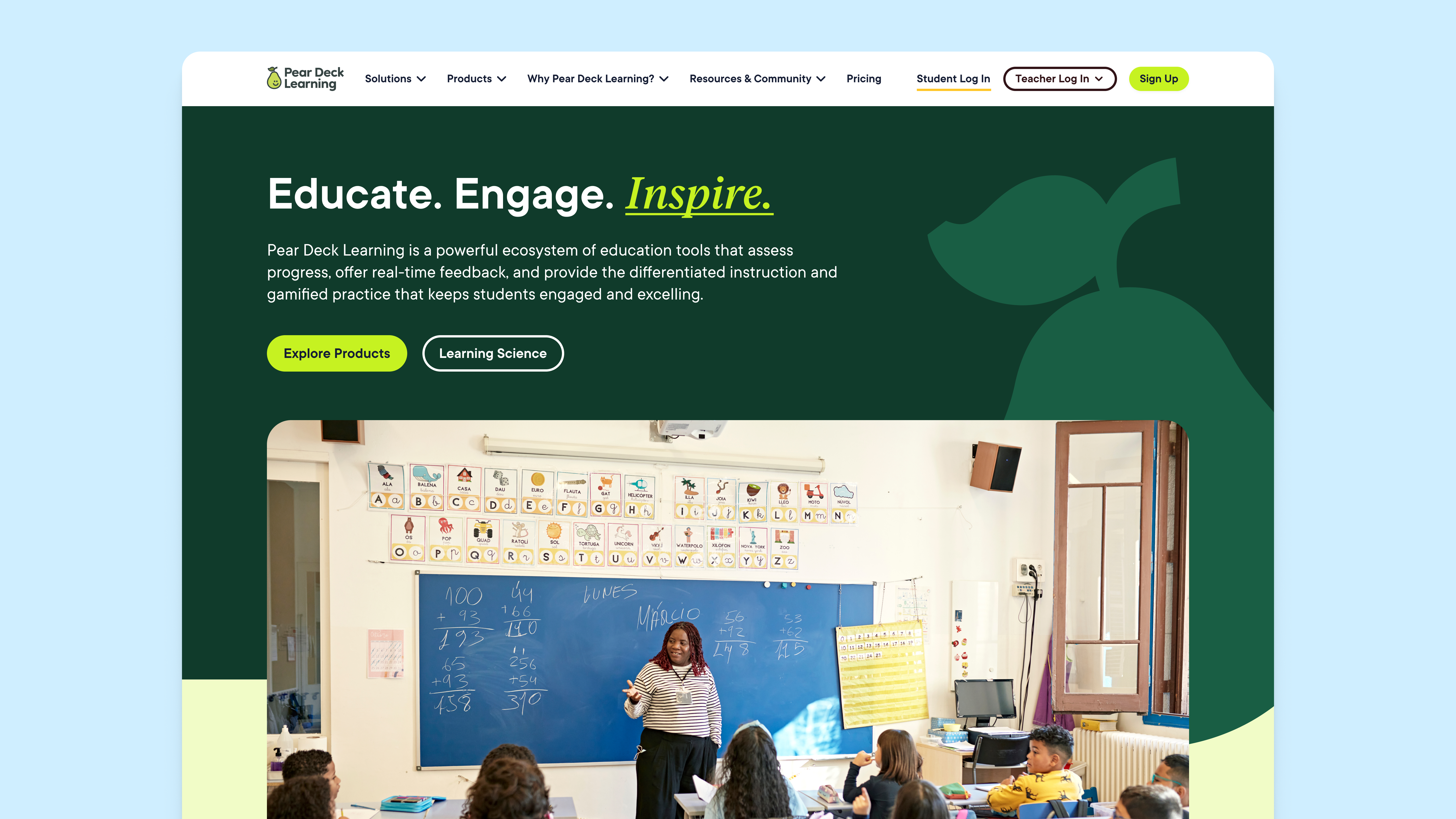 Pear Deck Learning home page: “Educate. Engage. Inspire.” on dark green above a classroom photograph