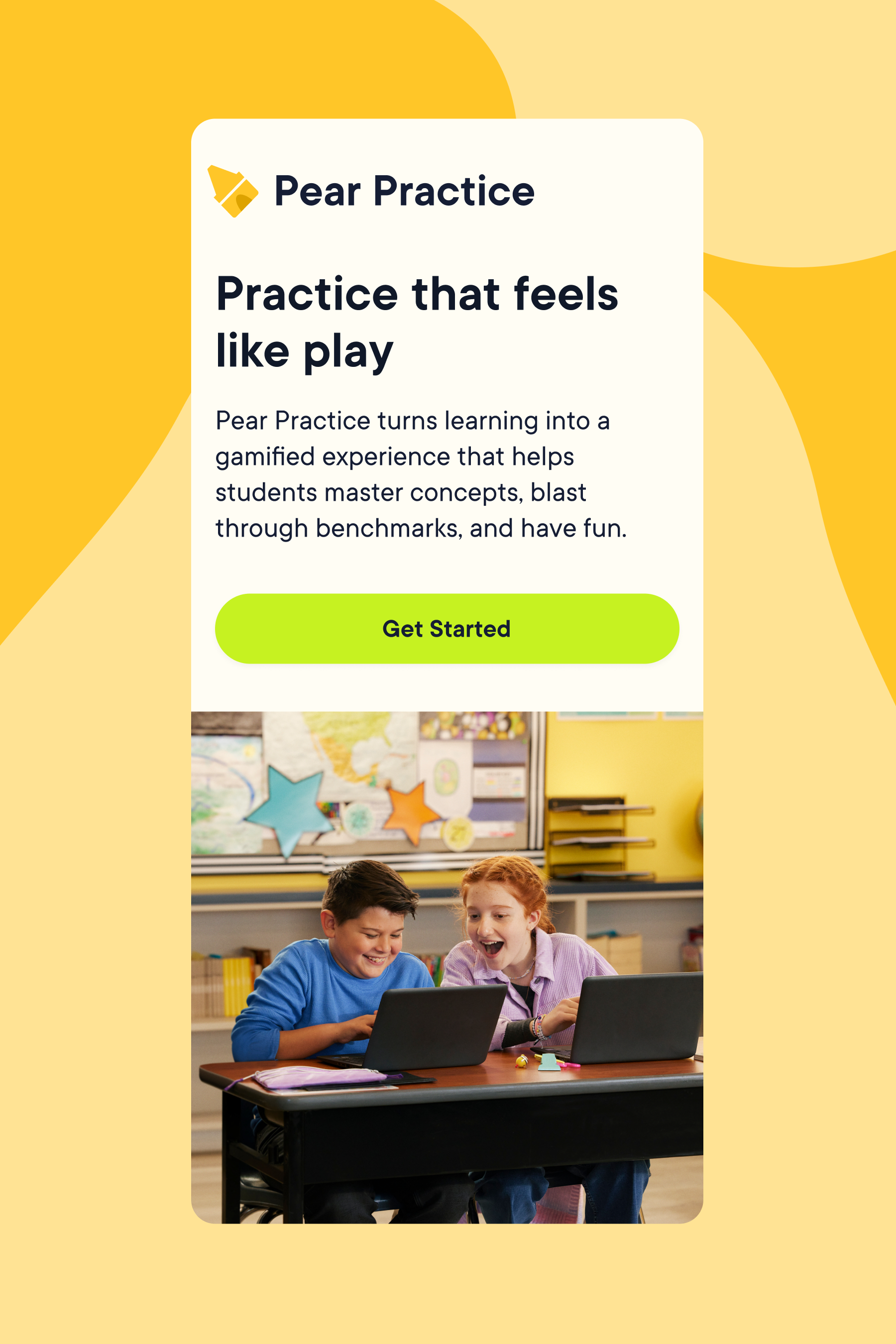 Pear Practice product page in yellow: “Practice that feels like play”