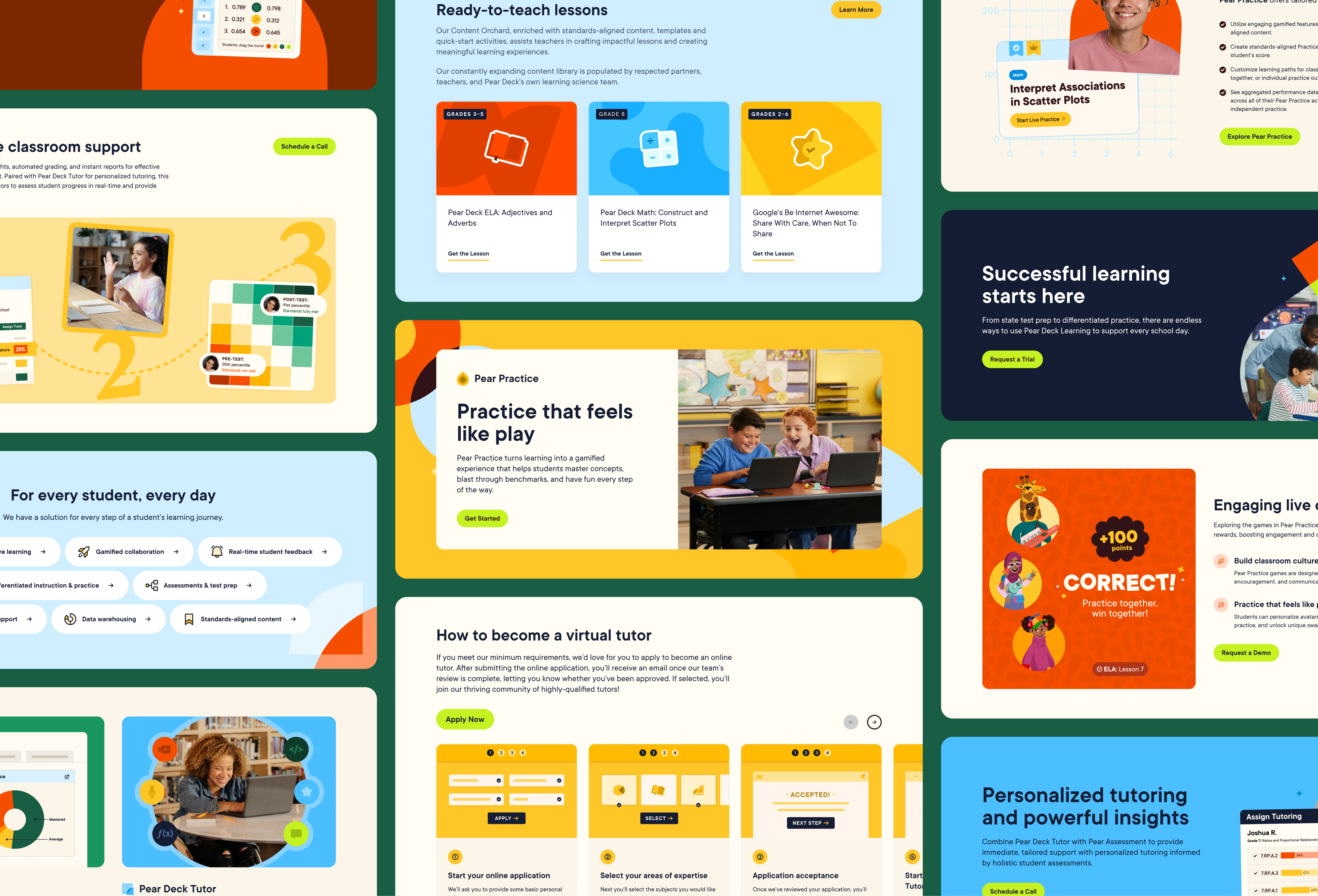 Sections from across Pear Deck Learning in a collage: ready-to-teach lessons, Pear Practice “Practice that feels like play,” steps to become a virtual tutor, classroom support, and personalized tutoring insights