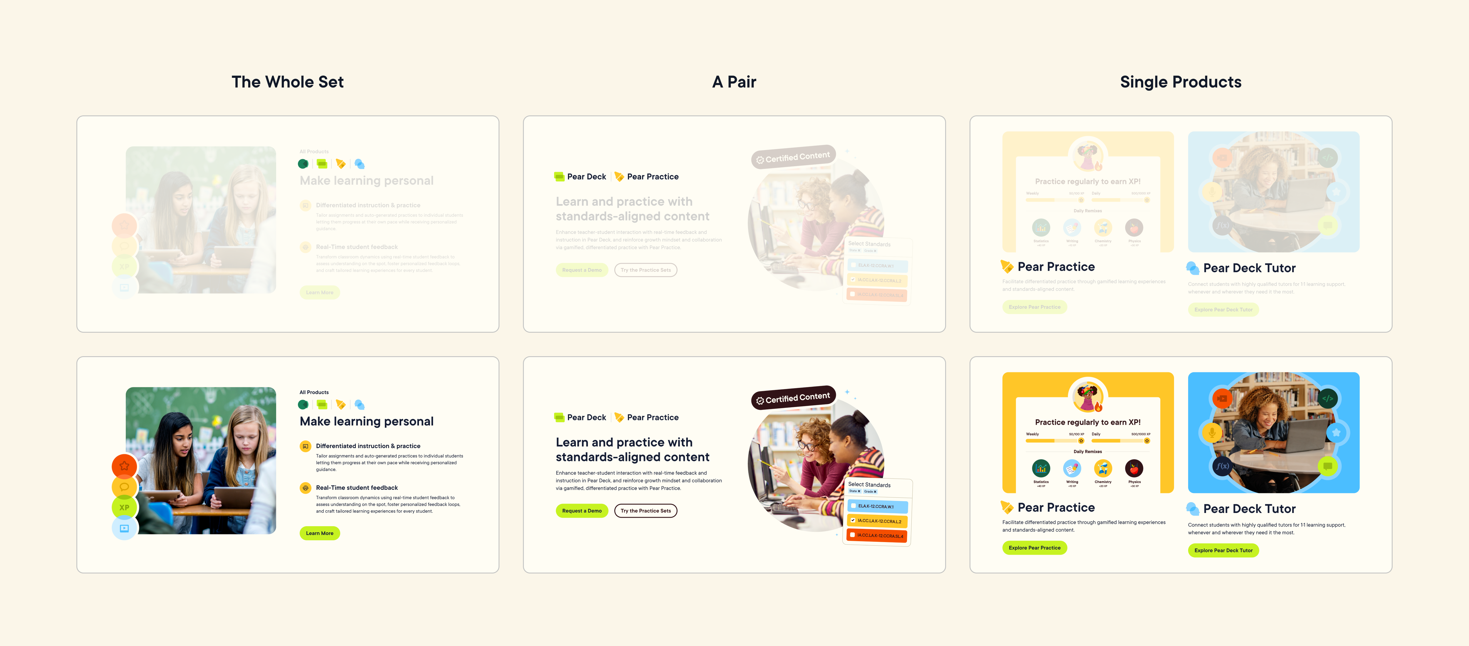 The use-case section in three settings. The whole set shows all four product icons over “Make learning personal.” A pair shows Pear Deck with Pear Practice over “Learn and practice with standards-aligned content.” Single products show Pear Practice and Pear Deck Tutor, each in its own color. Each setting appears twice, faded first and then in full.