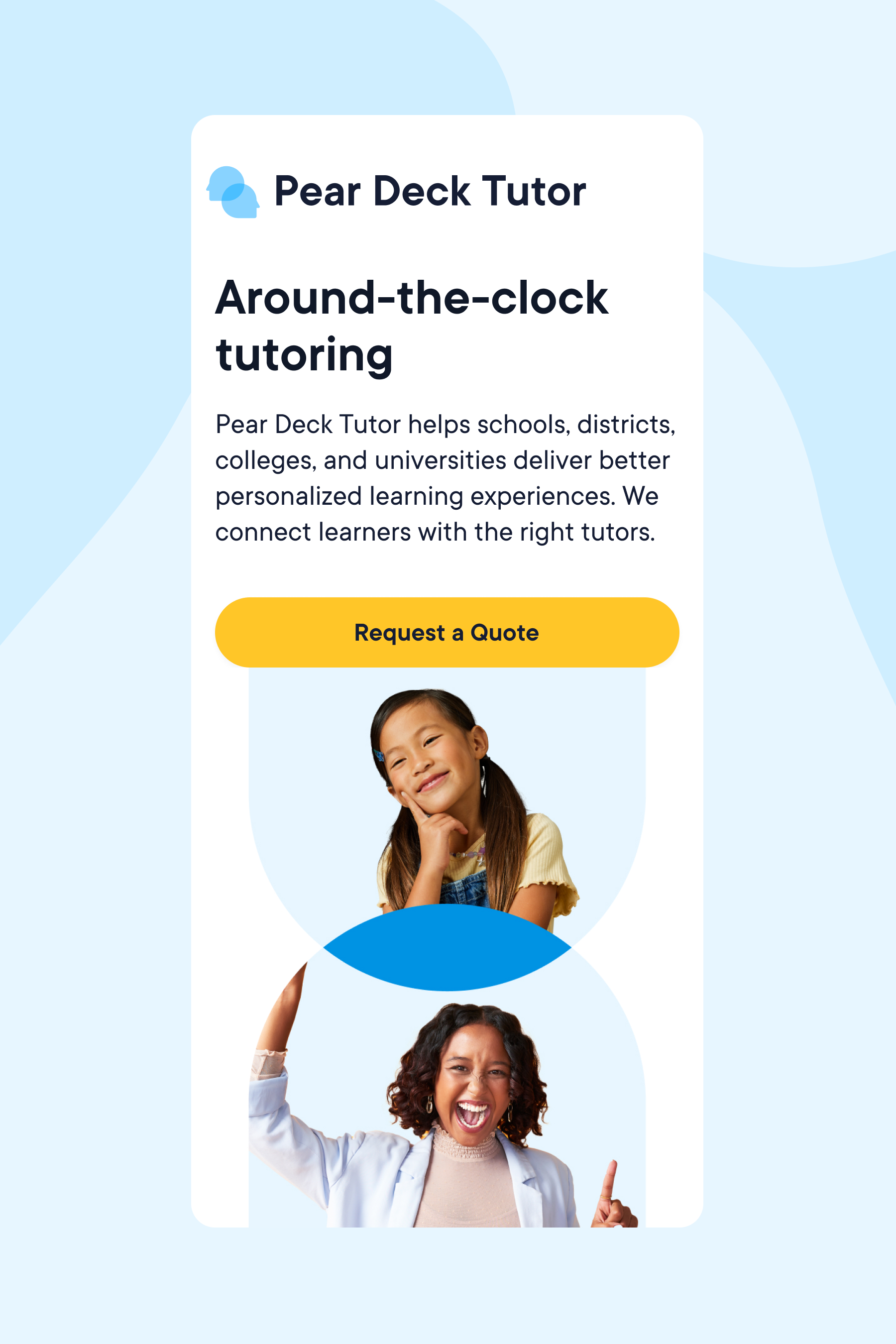 Pear Deck Tutor product page in sky blue: “Around-the-clock tutoring”